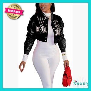 Cropped Faux Leather Varsity Jacket Button Down Letter Embroidery Streetwear